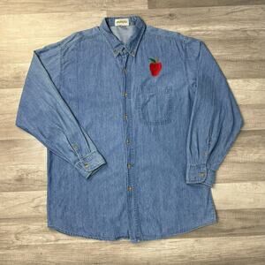 Vintage 90s Denim Jean Long Sleeve Button Front Shirt SZ XL Apple Patch Teacher